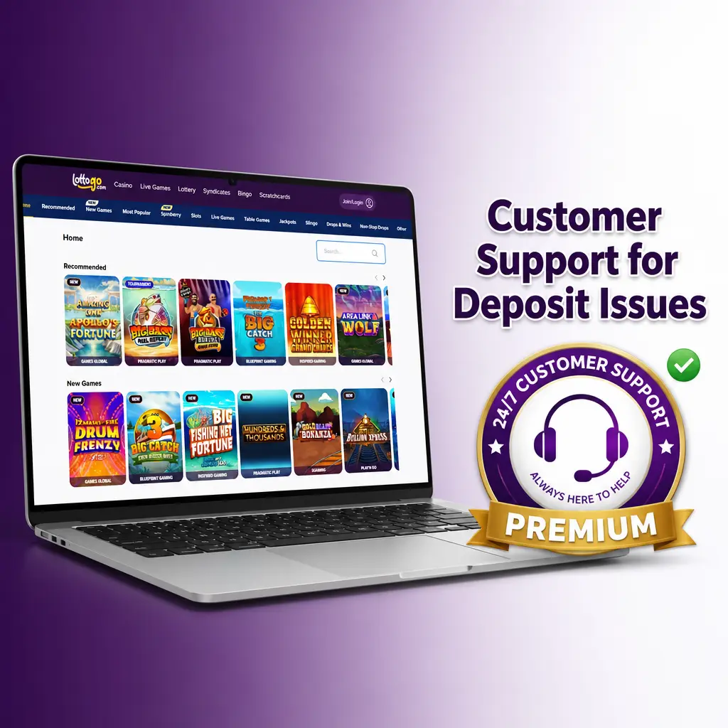 LottoGo customer support channels for deposit issues, showing live chat and email options for UK players