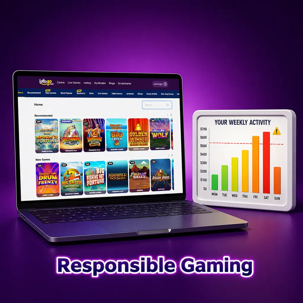 LottoGo responsible gaming tools including deposit limits, self-exclusion, and session controls for UK players